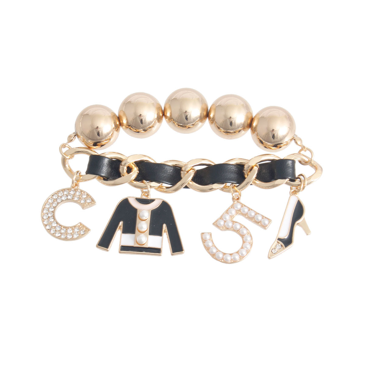 Gold Ball Black Designer 5 Charm Bracelet