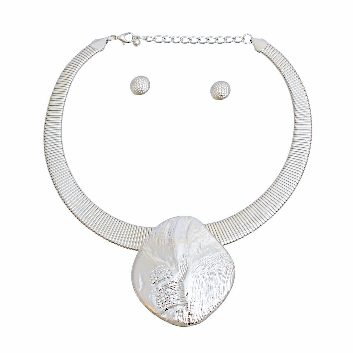 Silver Omega Chain Necklace Set with Textured Metal Pendant and Earrings