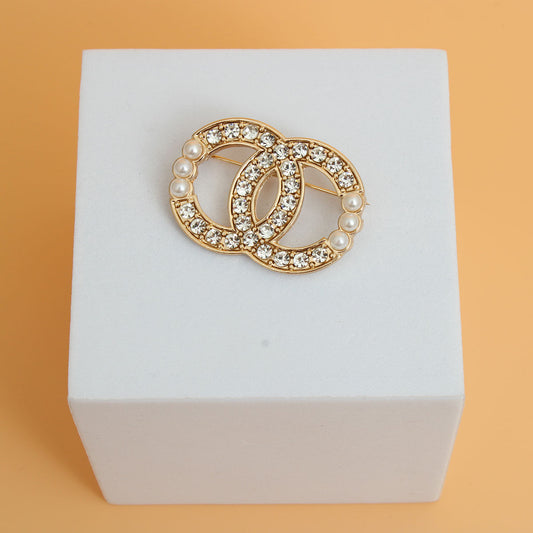 Designer Gold Pearl Rhinestone Brooch