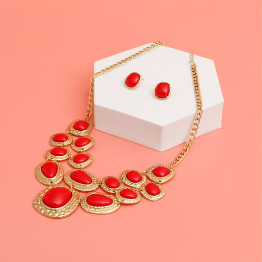 Red Beads Statement Necklace Set