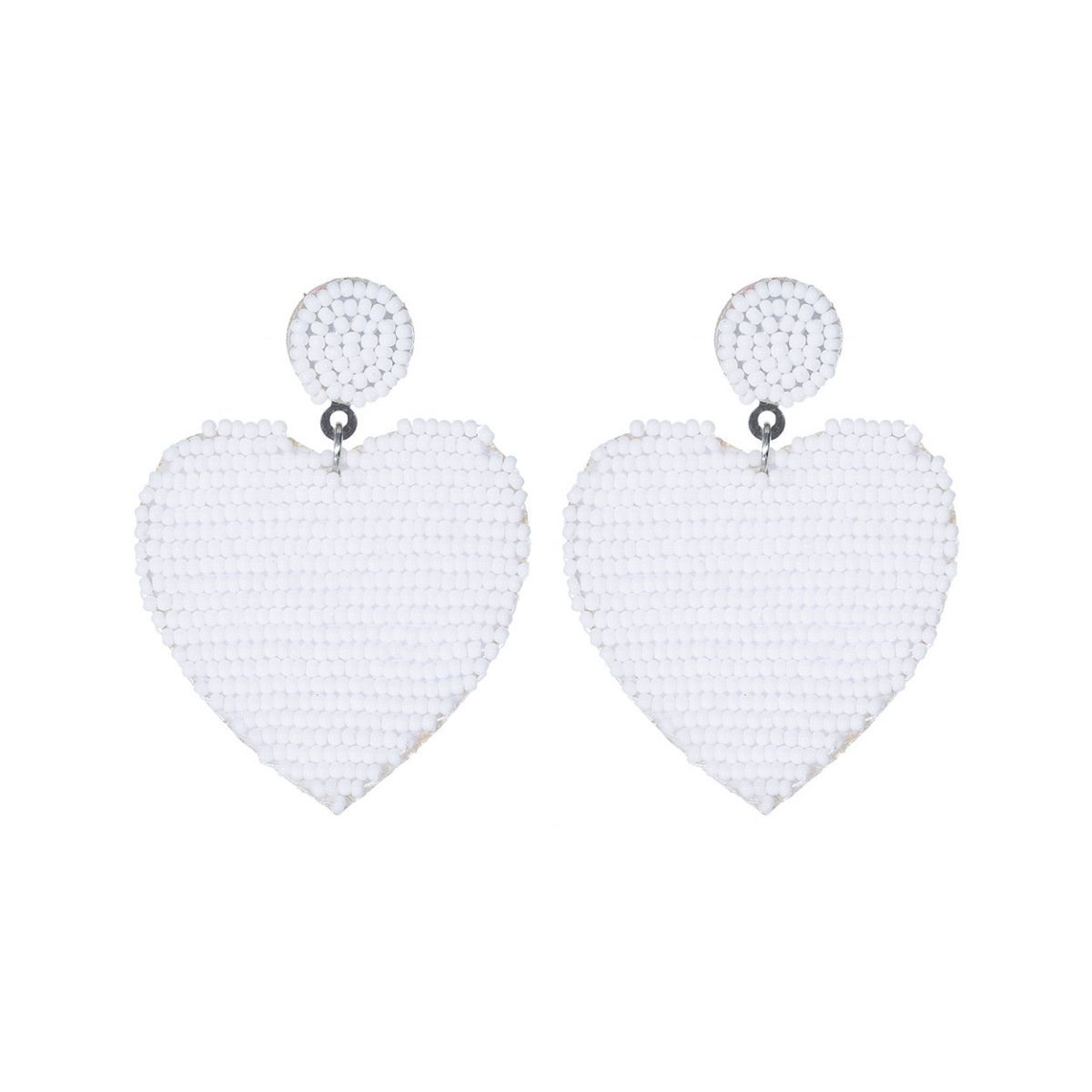 White Seed Bead Heart Earrings