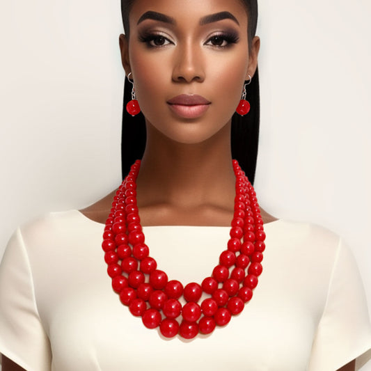 Silver and Graduated Red Pearl Beads 3 Strand Layered Necklace Set