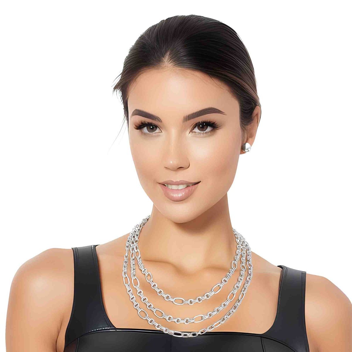 Necklace Silver Triple Chain Link Set for Women